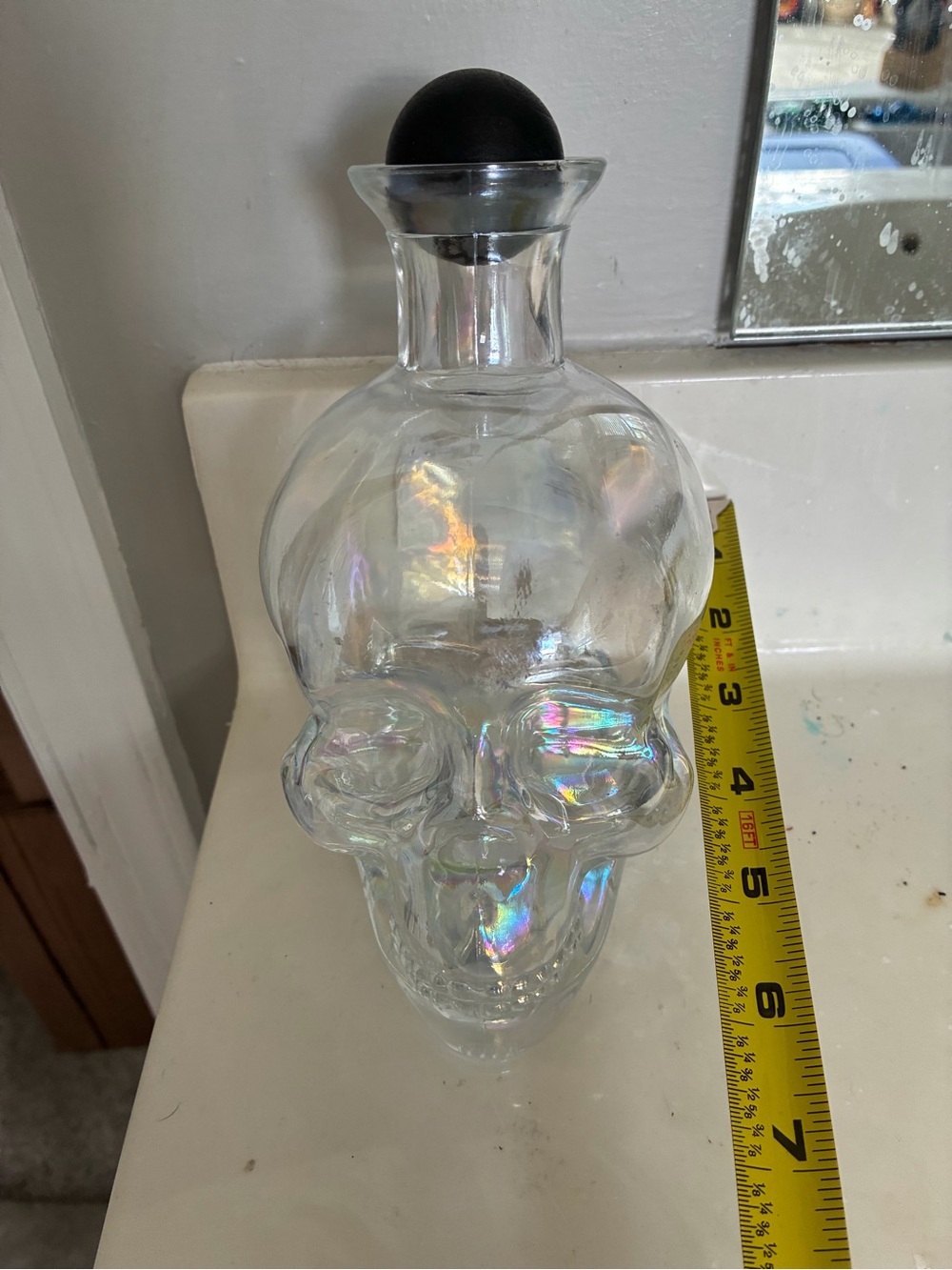 Clear Iridescent Skull Glass Decanter with Black Stopper